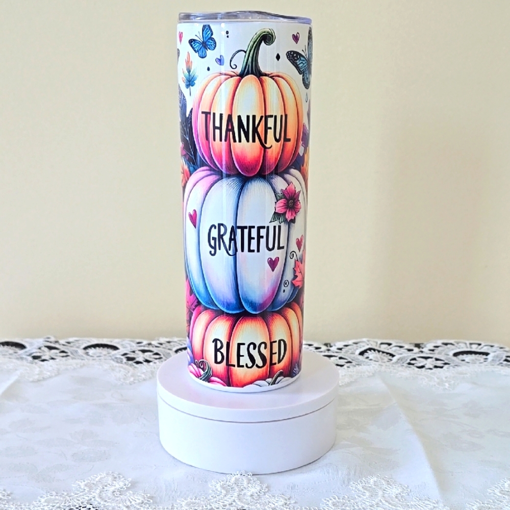 Custom 20oz Stainless Steel Tumbler - Thankful, Grateful, Blessed